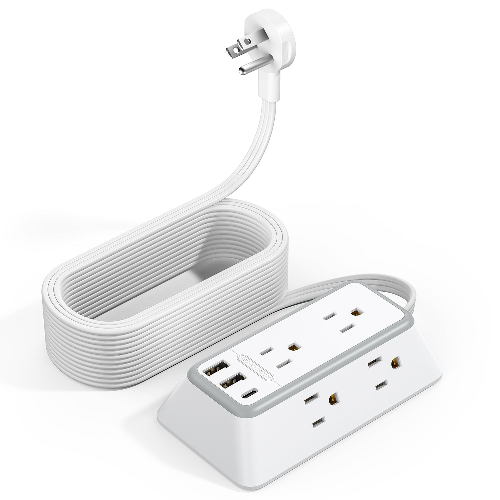 NTONPOWER 25ft Power Strip Flat Plug Surge Protector Extension Cord with USB-C Flat Surge Protector Power Strip Mountable Surge Protector 3-Side for Home Office Accessories White
